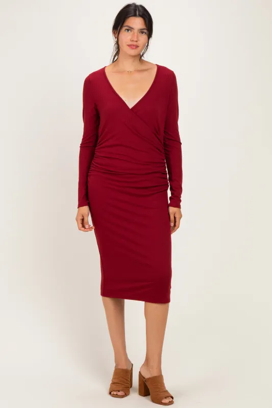 Burgundy Long Sleeve Wrap V-Neck Nursing Midi Dress made by Pinkblush