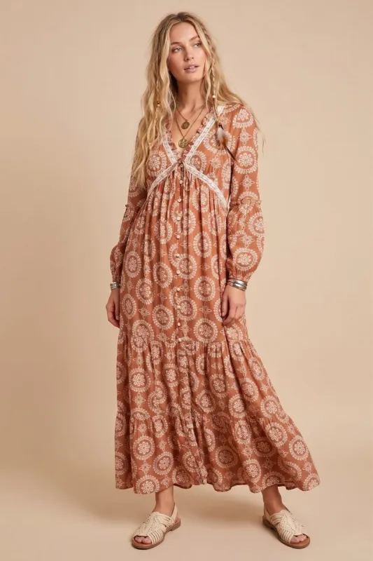 Brown Bronze Floral Lace Trim Maxi Dress made by Jnna
