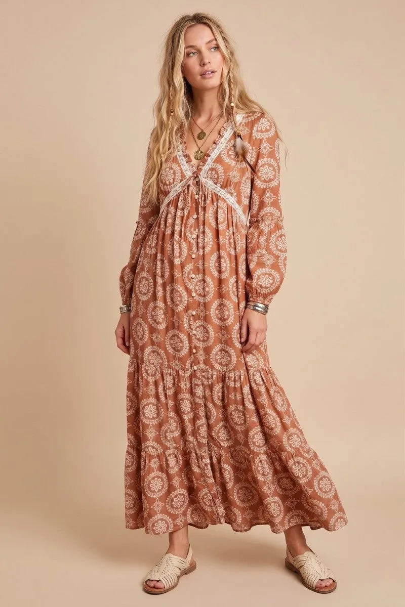 Brown Bronze Floral Lace Trim Maxi Dress sold by Pinkblush
