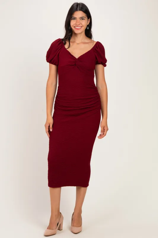 Burgundy Knit Twisted Bust Short Sleeve Midi Dress made by Pinkblush