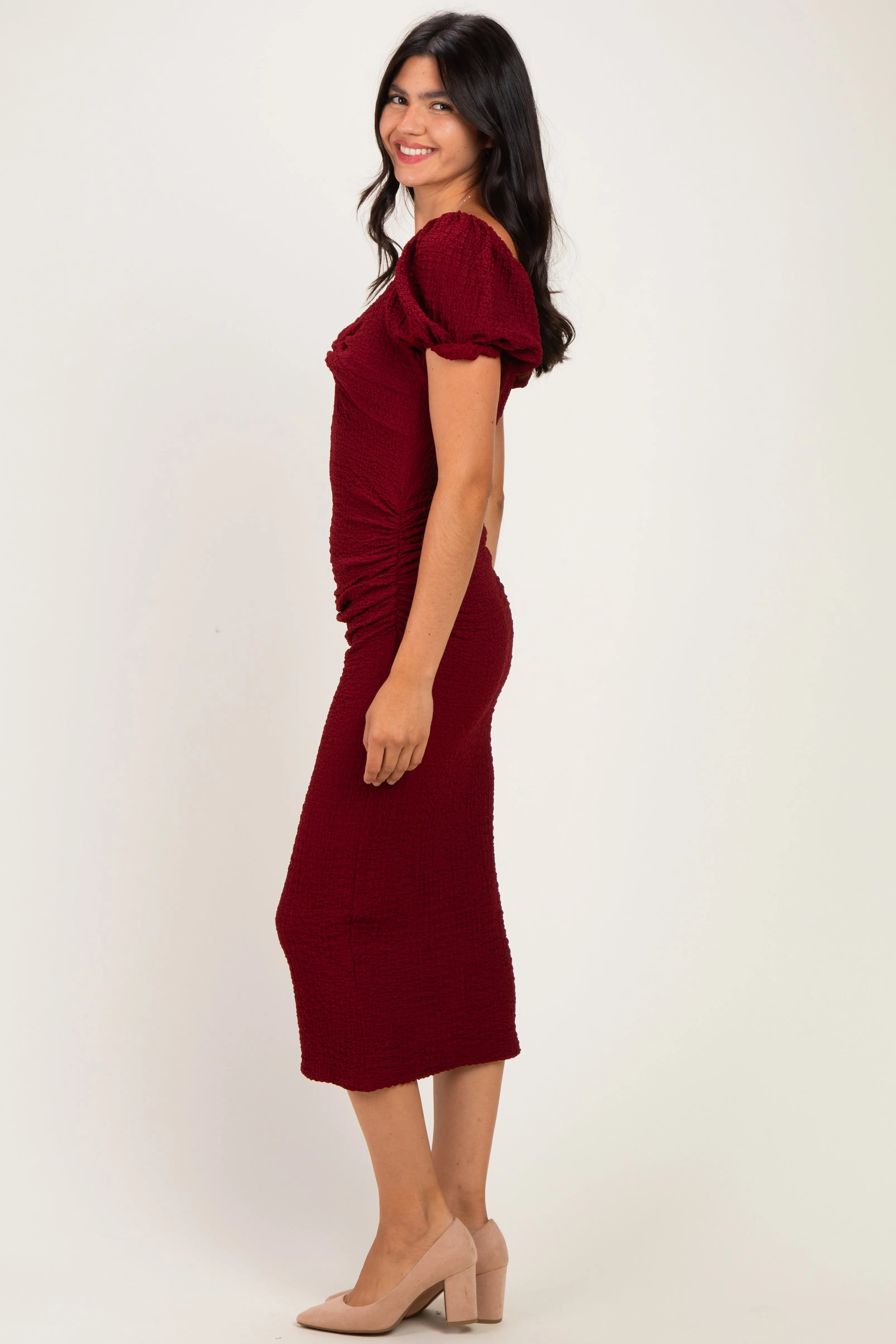 Burgundy Knit Twisted Bust Short Sleeve Midi Dress sold by Pinkblush product image thumbnail 2