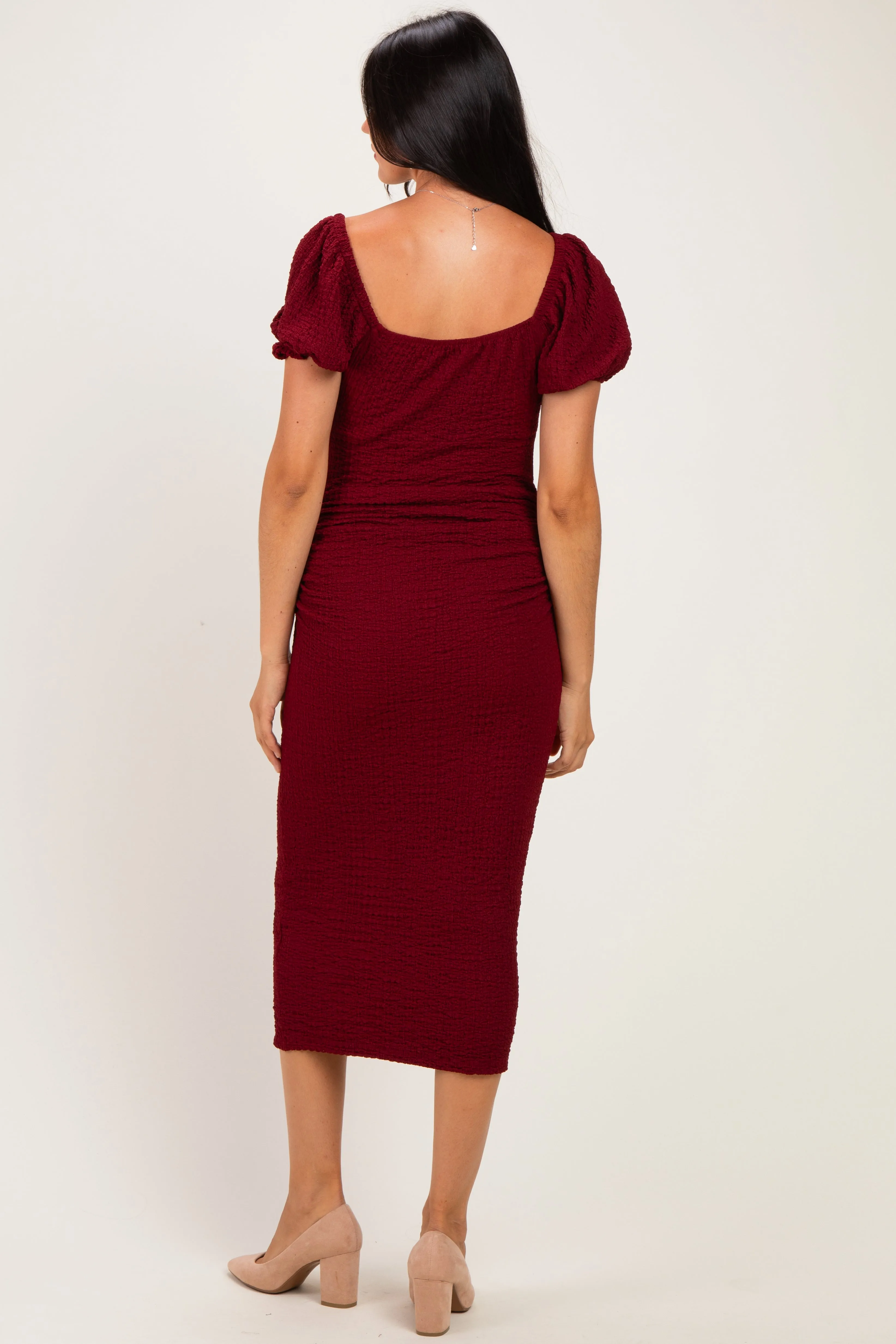 Burgundy Knit Twisted Bust Short Sleeve Midi Dress sold by Pinkblush product image thumbnail 3