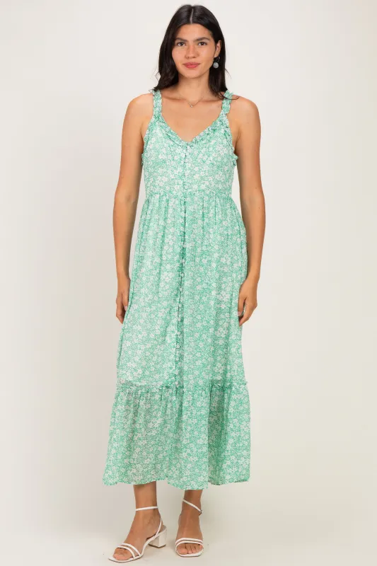 Mint Green Floral Ruffle Strap Button Down Dress made by Inloom