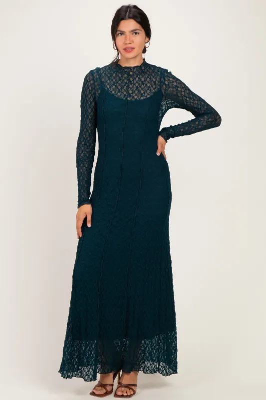 Emerald Green Lace Mock Neck Long Sleeve Maxi Dress made by Pinkblush