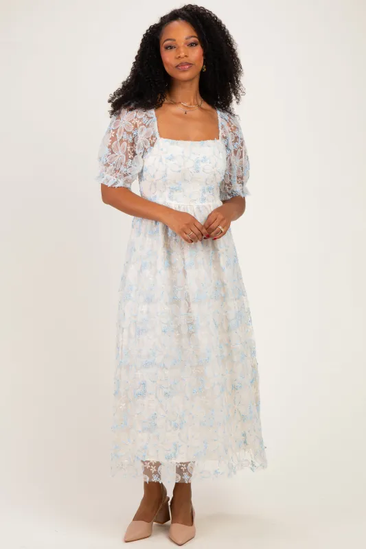 Light Blue Floral Mesh Overlay Tie Back Midi Dress made by In February
