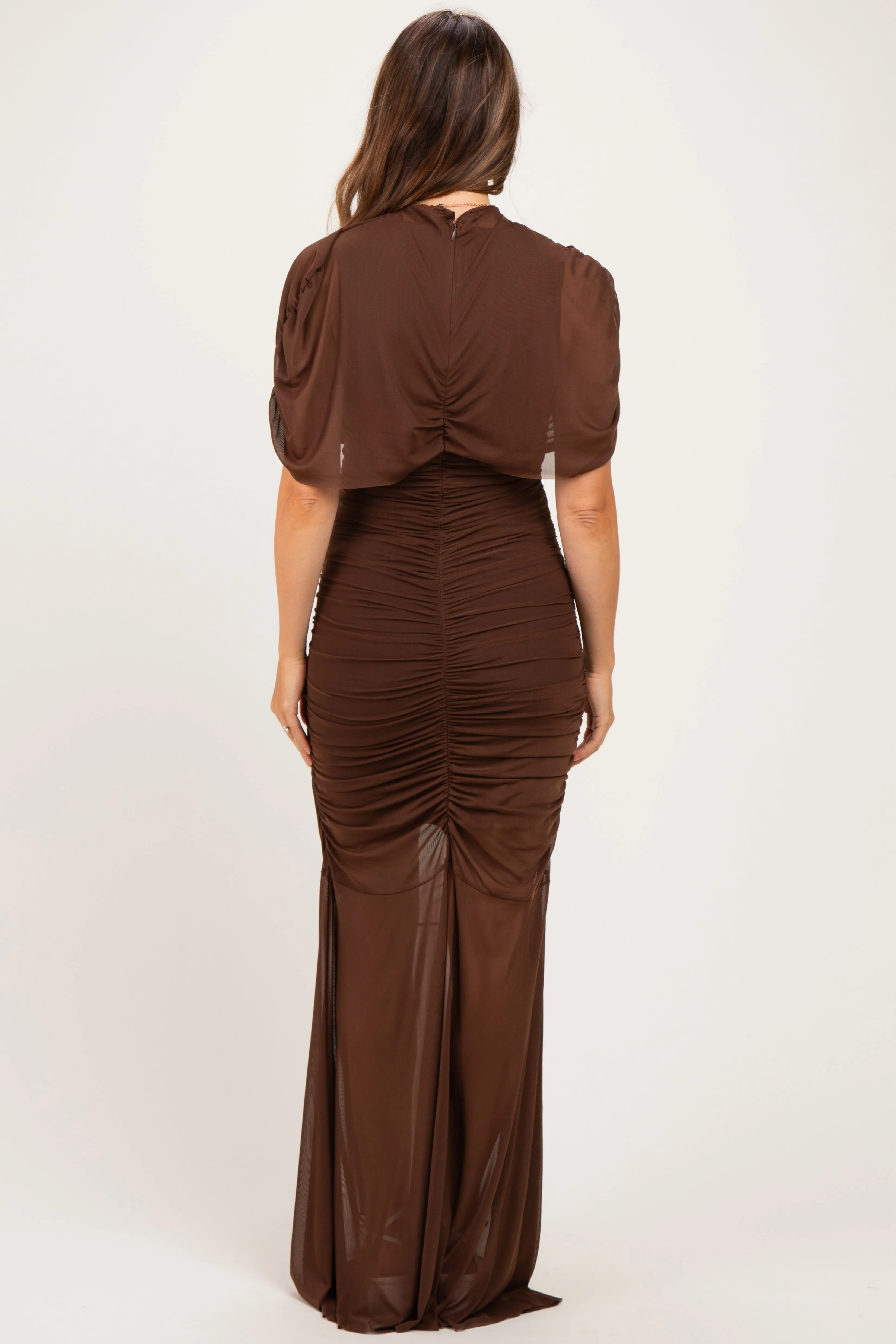 Brown Draped Bodice Ruched Mesh Maternity Maxi Dress sold by Pinkblush product image thumbnail 3