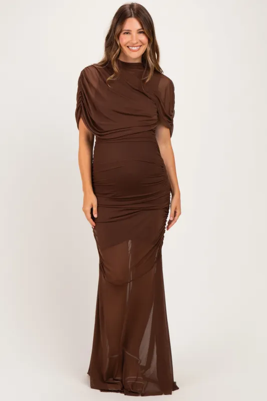 Brown Draped Bodice Ruched Mesh Maternity Maxi Dress made by Fore Collection