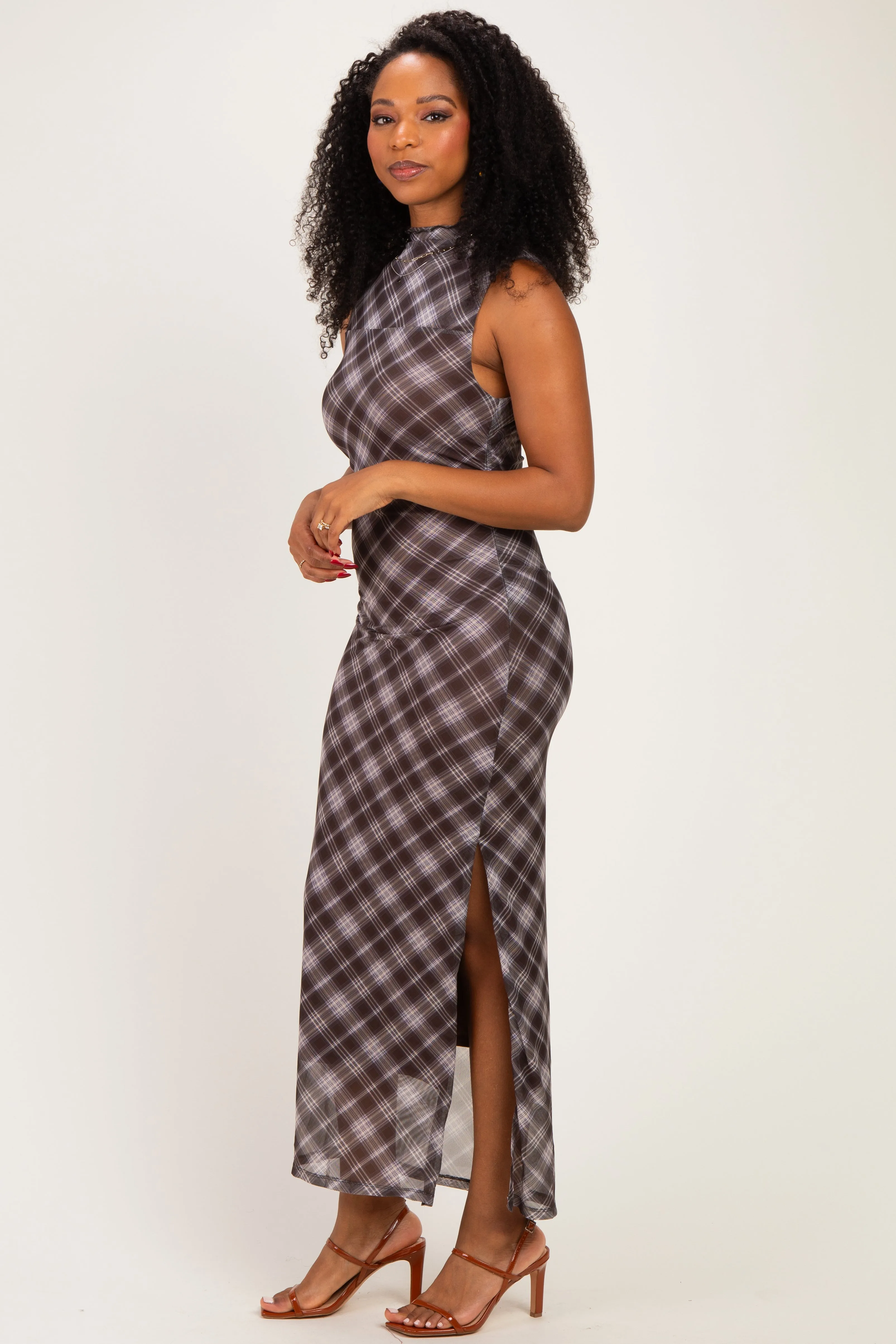 Brown Plaid Mesh Mock Neck Ruched Dress sold by Pinkblush product image thumbnail 3