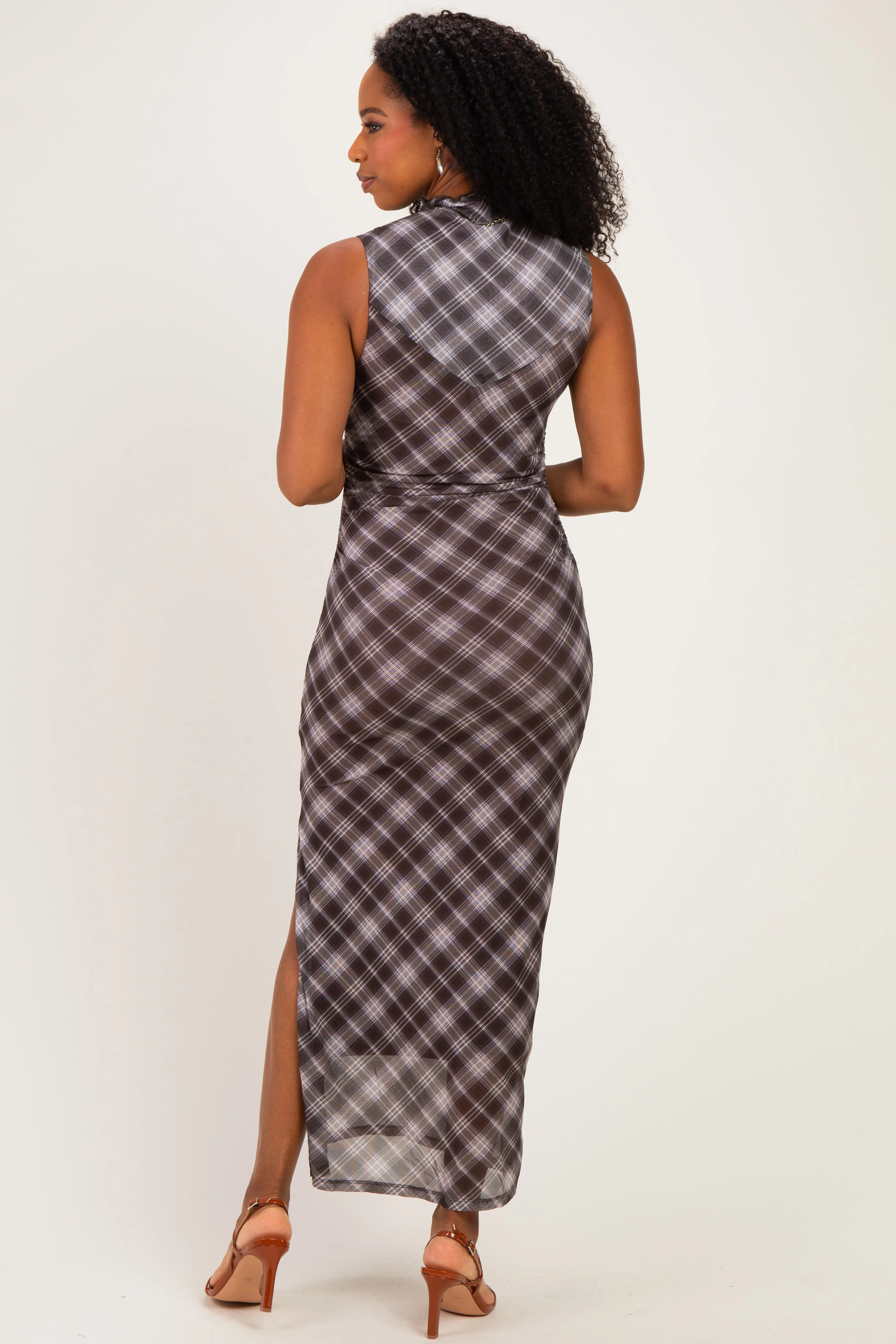 Brown Plaid Mesh Mock Neck Ruched Dress sold by Pinkblush product image thumbnail 4