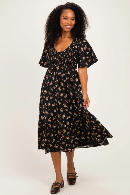 Black Smocked Flutter Sleeve Daisy Print Midi Dress made by Hem & Thread