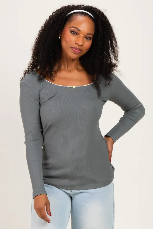 Olive Ribbed Rosette Trim Detail Long Sleeve Top made by Hello MIZ