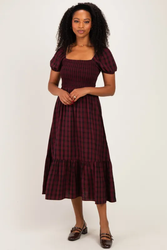 Burgundy Plaid Smocked Puff Sleeve Tiered Midi Dress made by Pinkblush