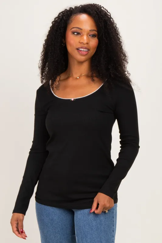 Black Ribbed Rosette Trim Detail Long Sleeve Top made by Hello MIZ