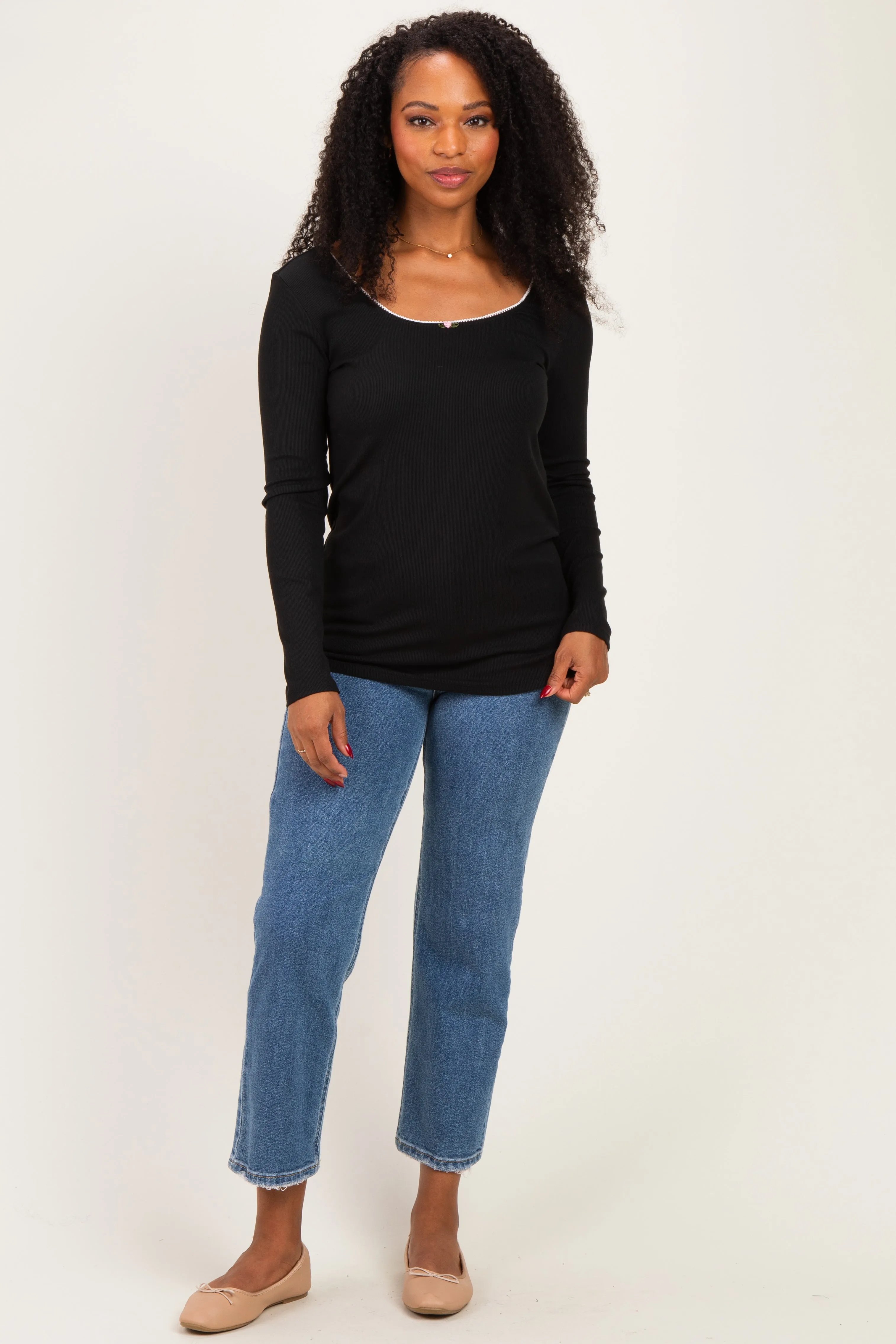 Black Ribbed Rosette Trim Detail Long Sleeve Top sold by Pinkblush product image thumbnail 2