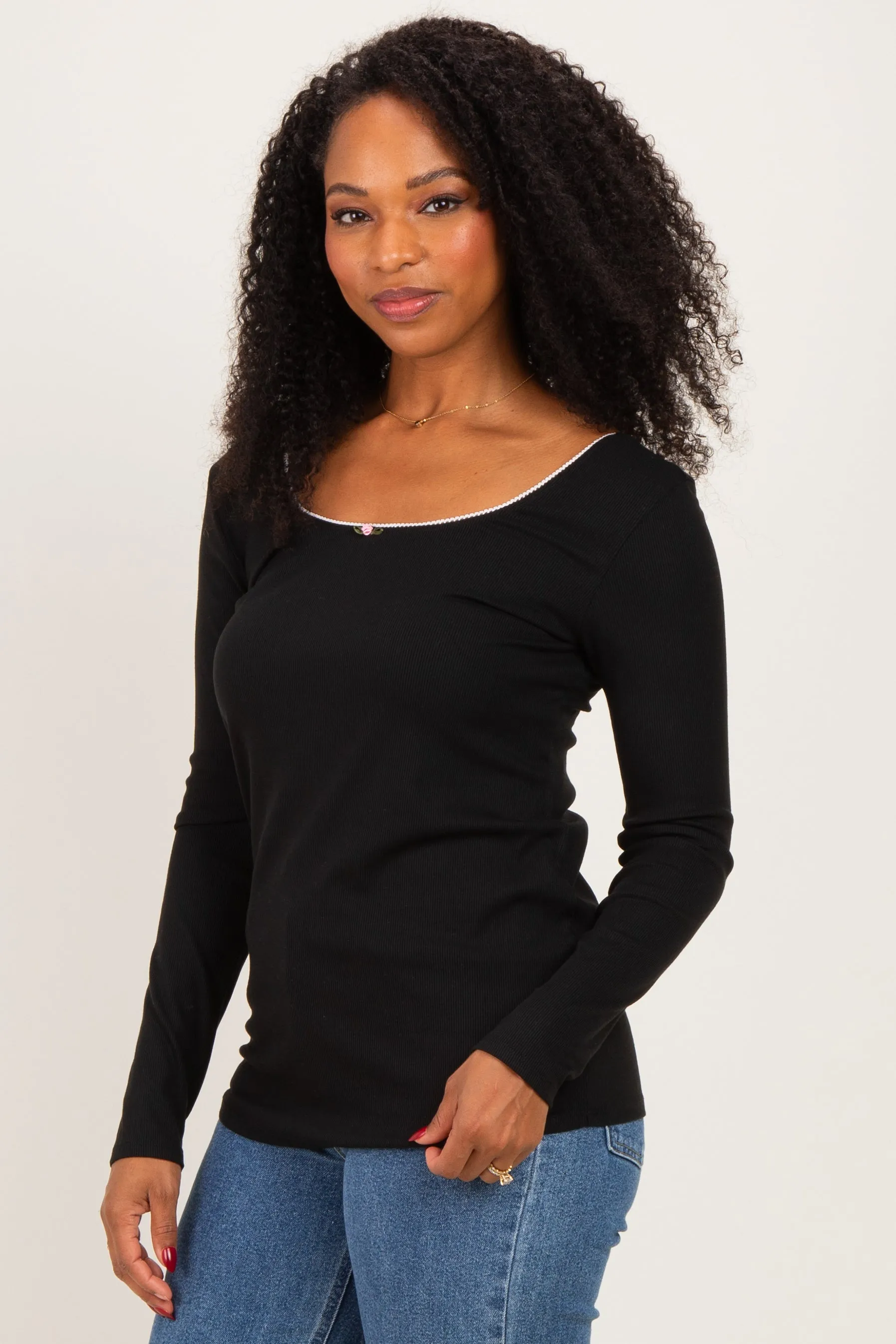 Black Ribbed Rosette Trim Detail Long Sleeve Top sold by Pinkblush product image thumbnail 3