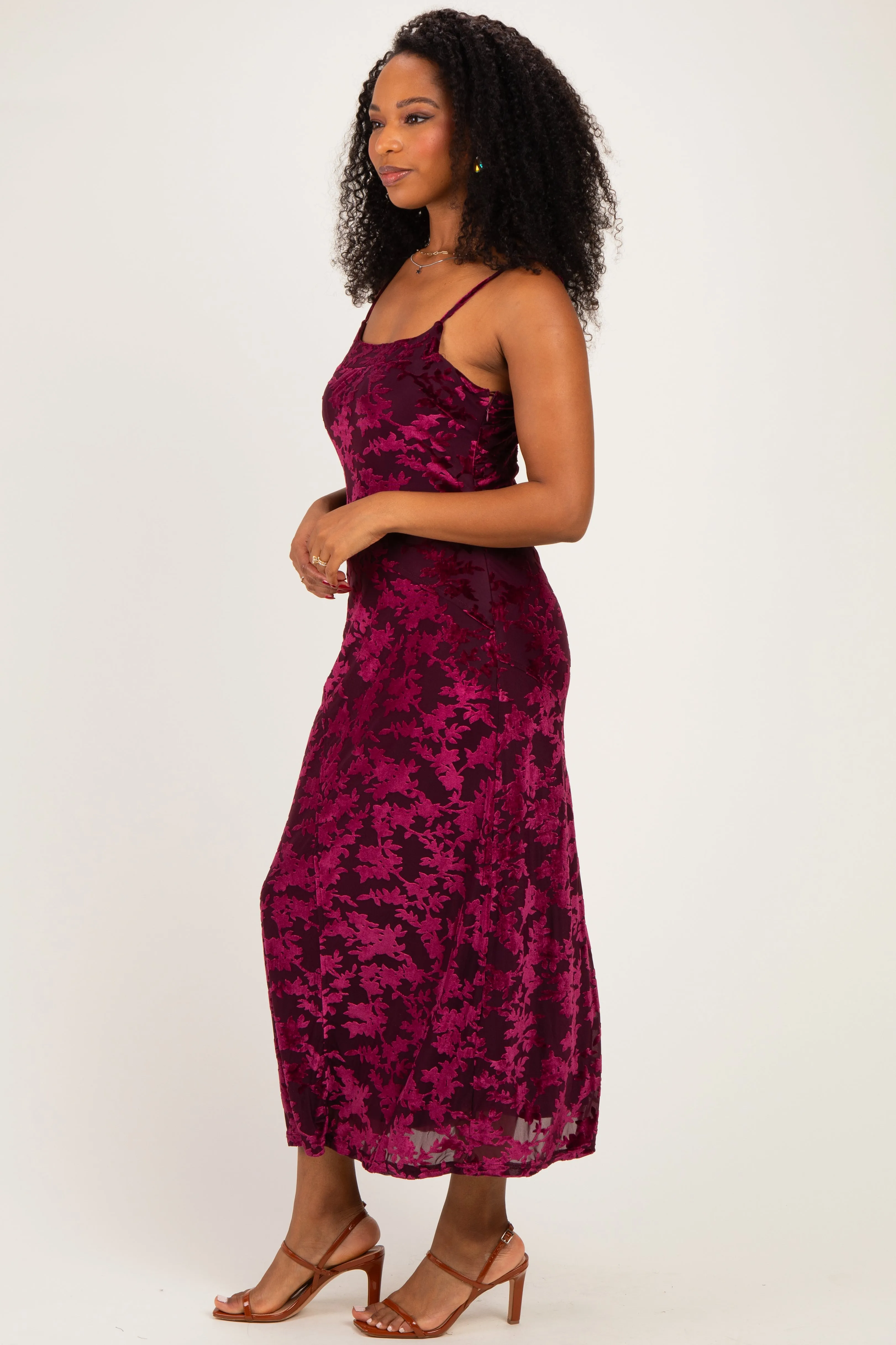 Burgundy Floral Burnout Velvet Midi Dress sold by Pinkblush product image thumbnail 2