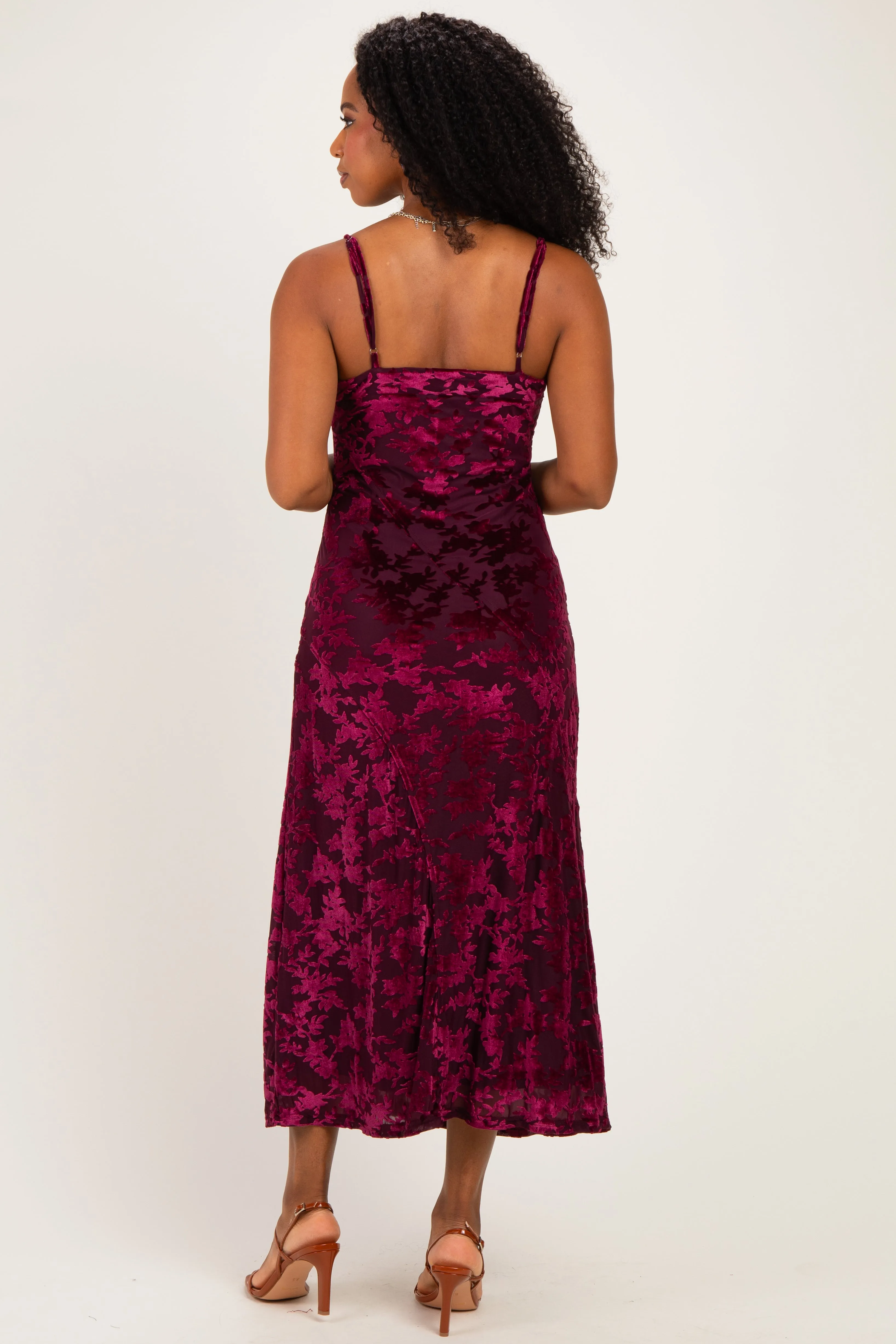 Burgundy Floral Burnout Velvet Midi Dress sold by Pinkblush product image thumbnail 3