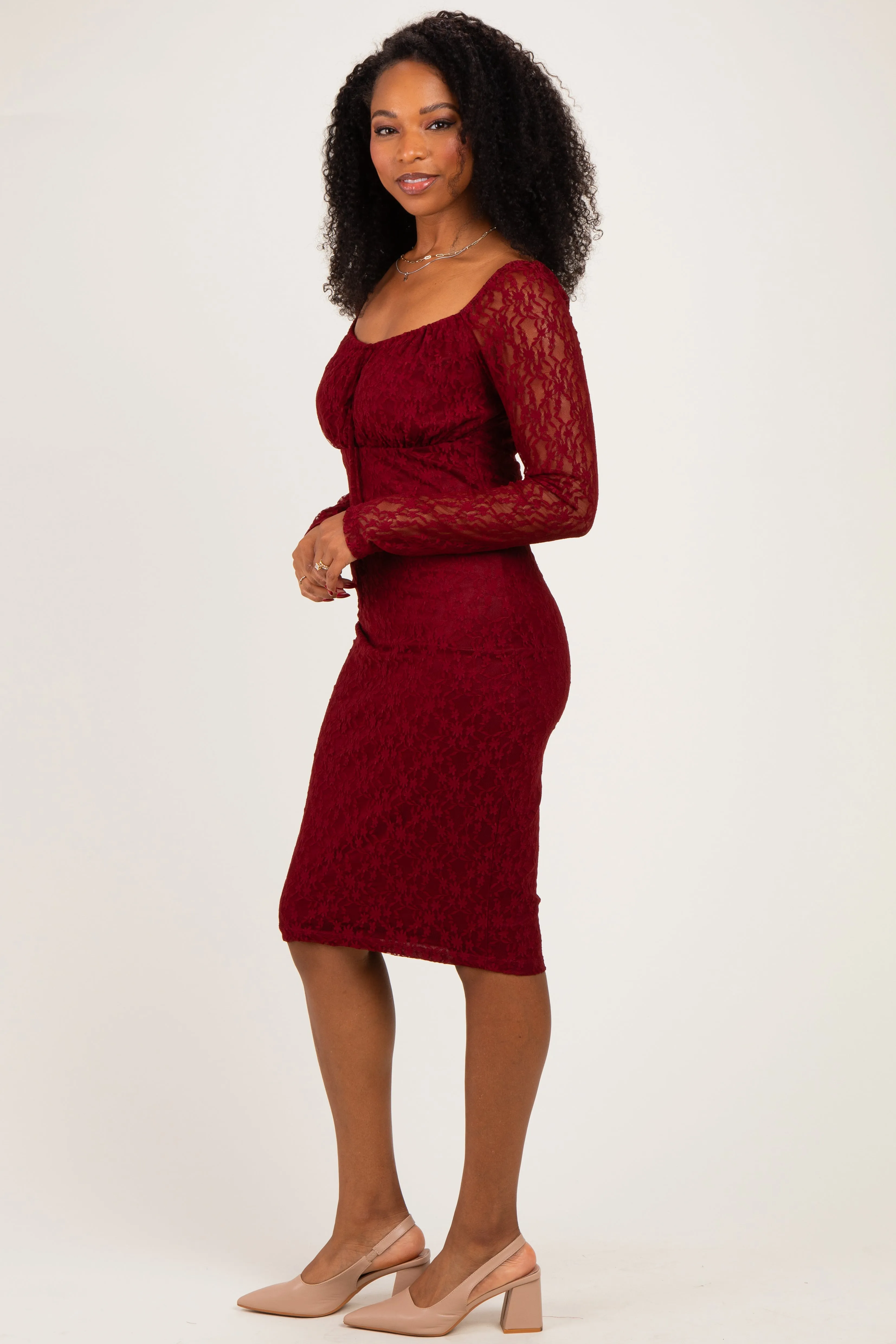 Burgundy Lace Long Sleeve Midi Dress sold by Pinkblush product image thumbnail 2