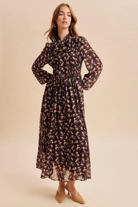 Burnt Mocha Floral Tie Neck Maxi Dress made by Inloom
