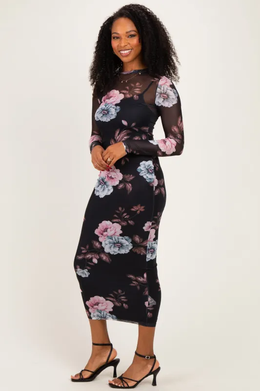 Black Floral Long Sleeve Mesh Midi Dress made by Pinkblush
