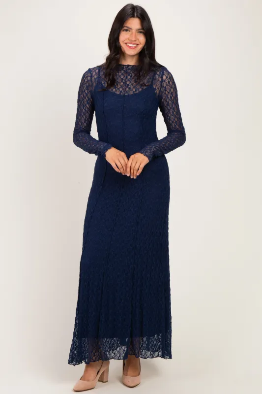 Navy Lace Mock Neck Long Sleeve Maxi Dress made by Pinkblush