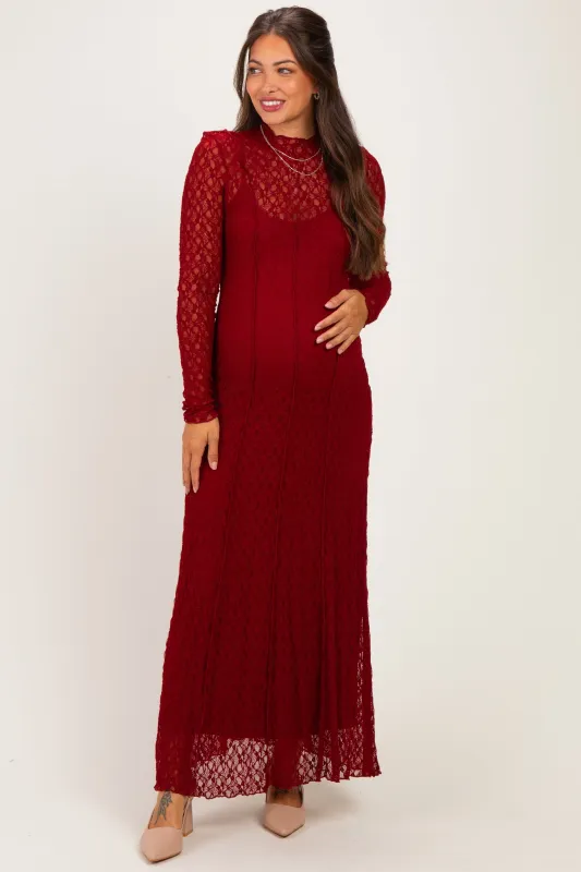 Burgundy Lace Mock Neck Long Sleeve Maternity Maxi Dress made by Pinkblush