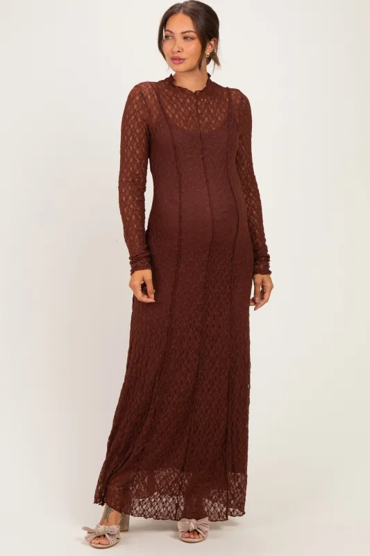 Brown Lace Mock Neck Long Sleeve Maternity Maxi Dress made by Mustard Seed
