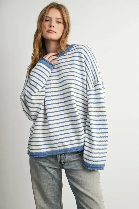 Blue Striped Solid Trim Relaxed Sweater made by Pinkblush