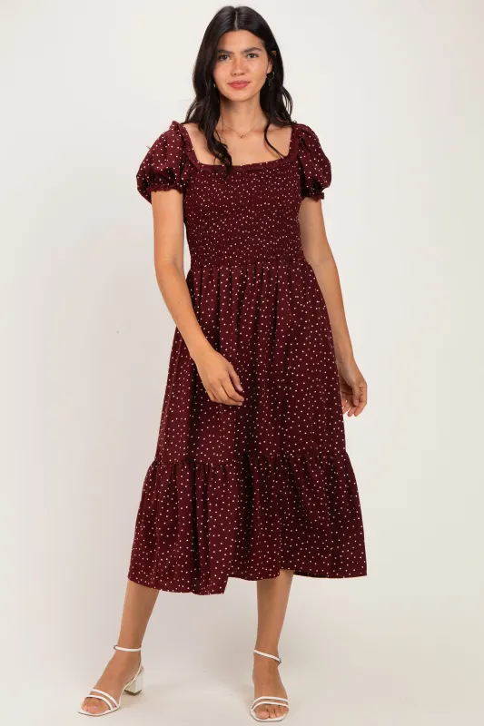 Burgundy Satin Polka Dot Puff Sleeve Midi Dress made by So Me