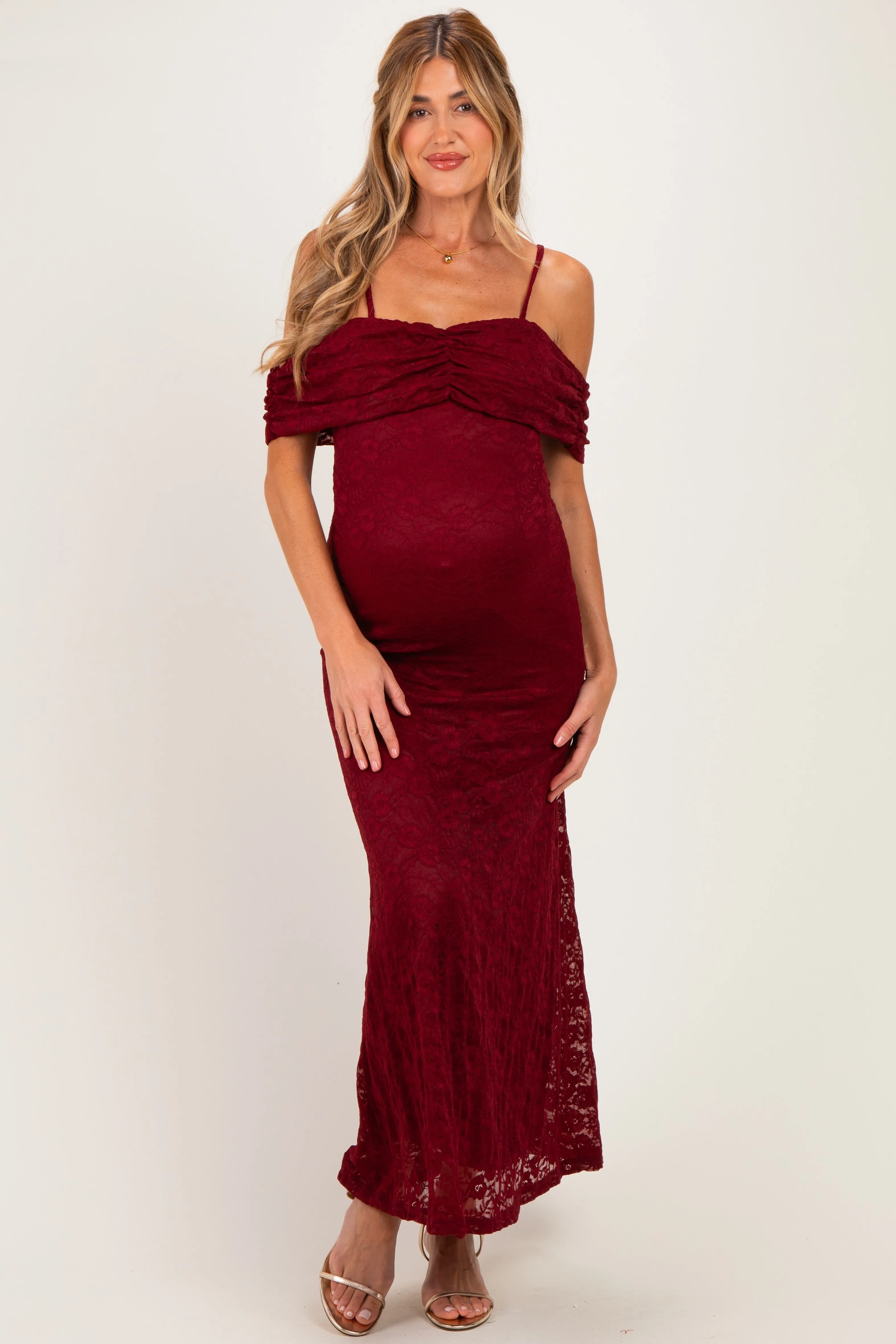 Burgundy Lace Off Shoulder Maternity Maxi Dress sold by Pinkblush product image thumbnail 2