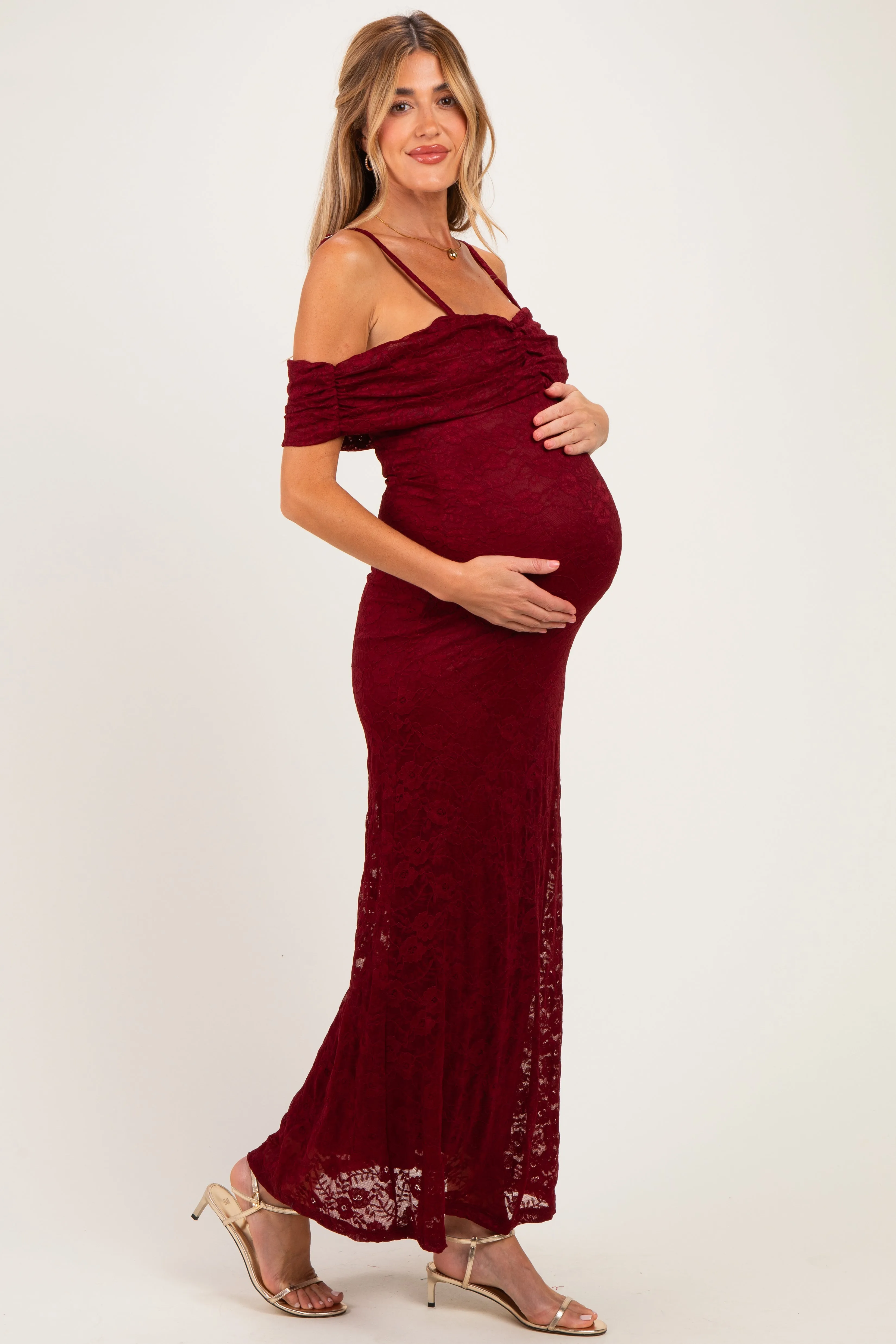 Burgundy Lace Off Shoulder Maternity Maxi Dress sold by Pinkblush product image thumbnail 3