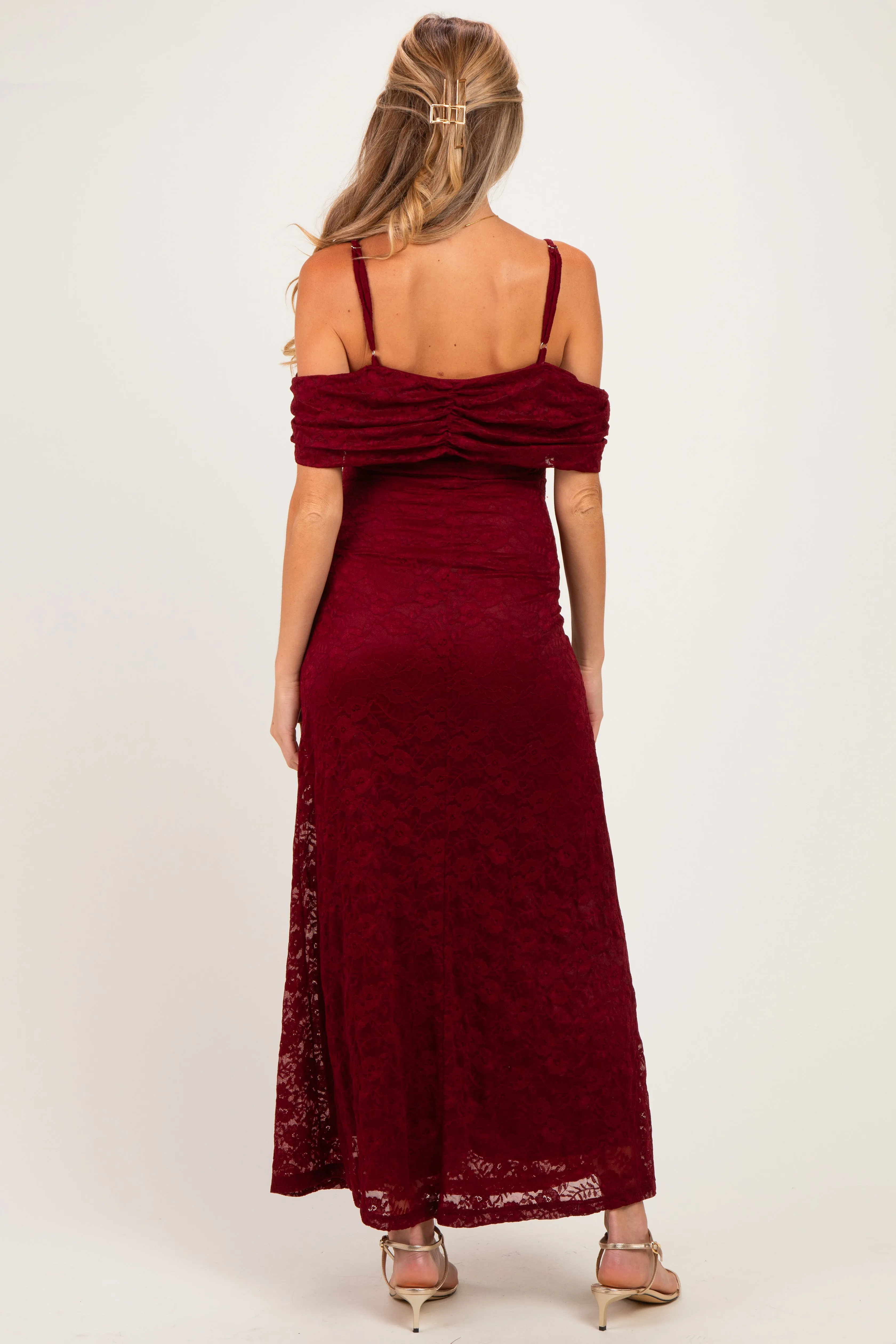 Burgundy Lace Off Shoulder Maternity Maxi Dress sold by Pinkblush product image thumbnail 4
