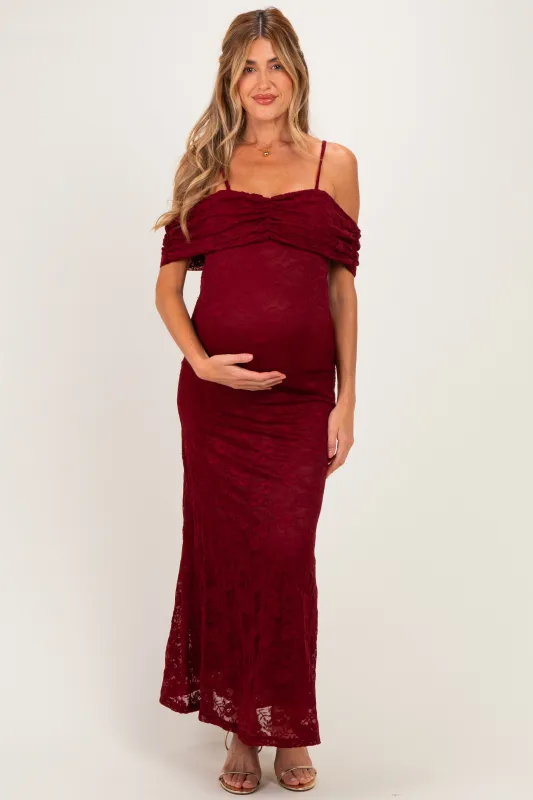 Burgundy Lace Off Shoulder Maternity Maxi Dress made by Pinkblush