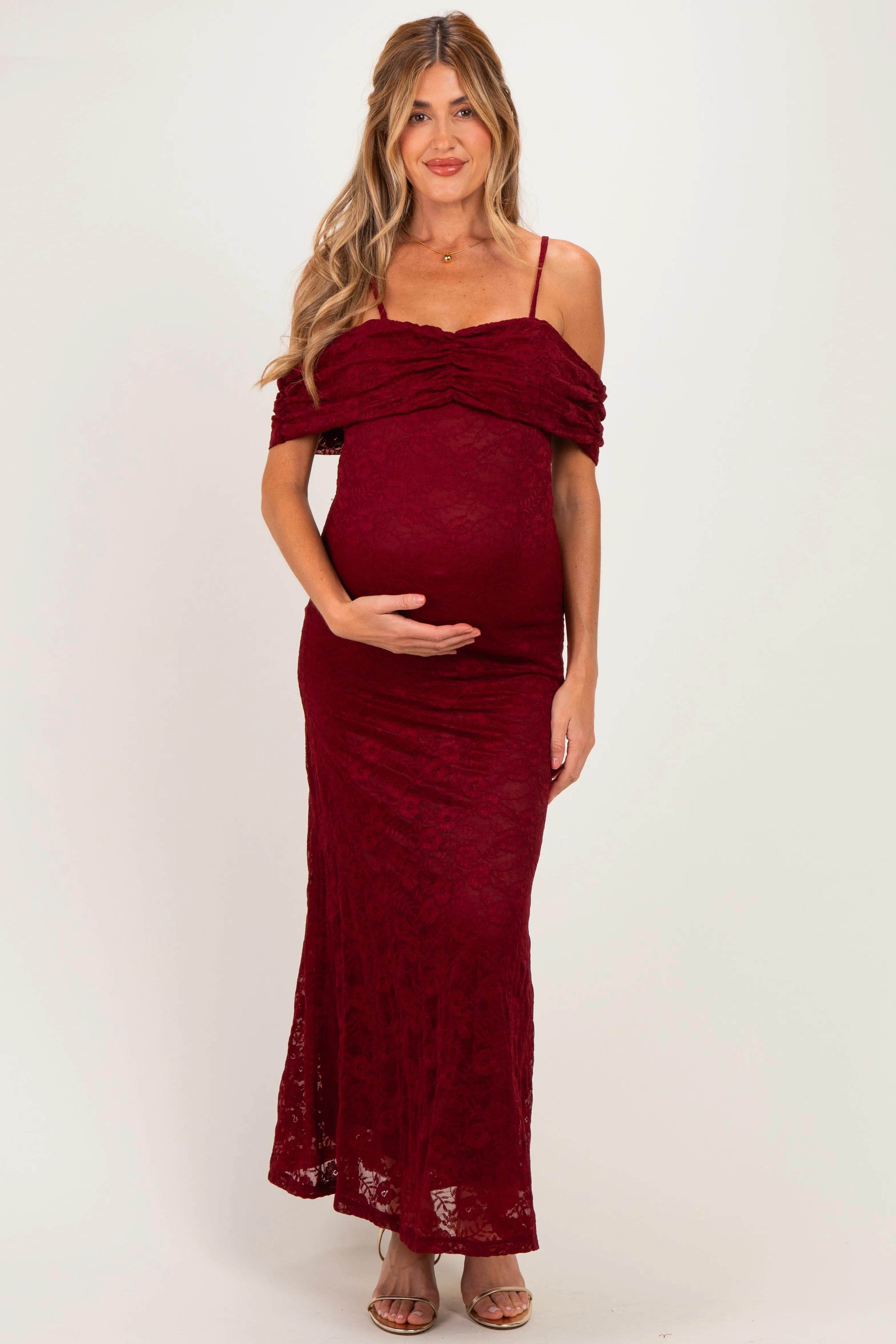 Burgundy Lace Off Shoulder Maternity Maxi Dress sold by Pinkblush