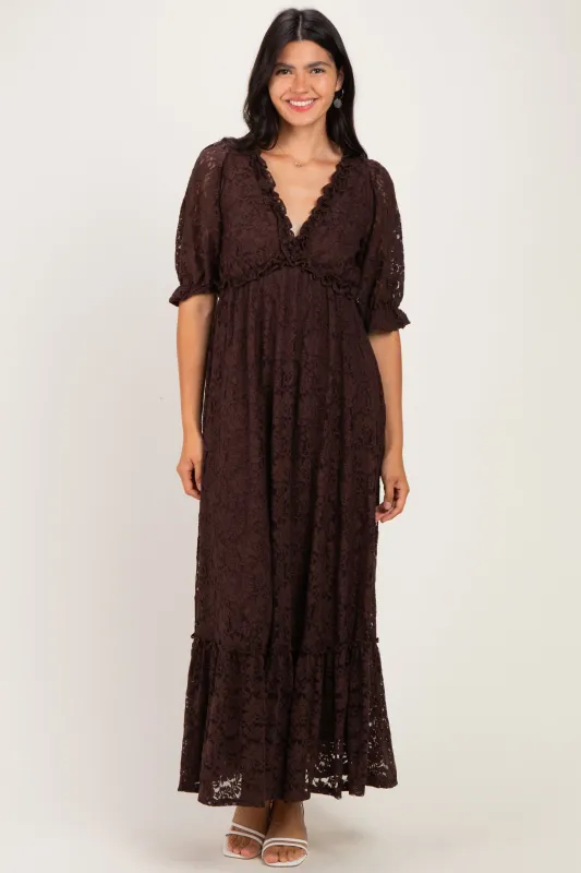 Brown Floral Lace V-Neck Maxi Dress made by Pinkblush