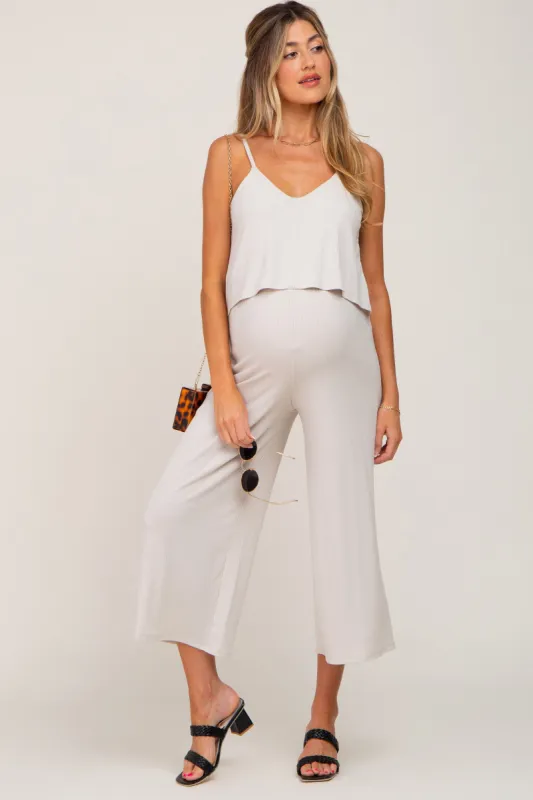 Beige Ribbed Double Layer Cropped Maternity Jumpsuit sold by Pinkblush