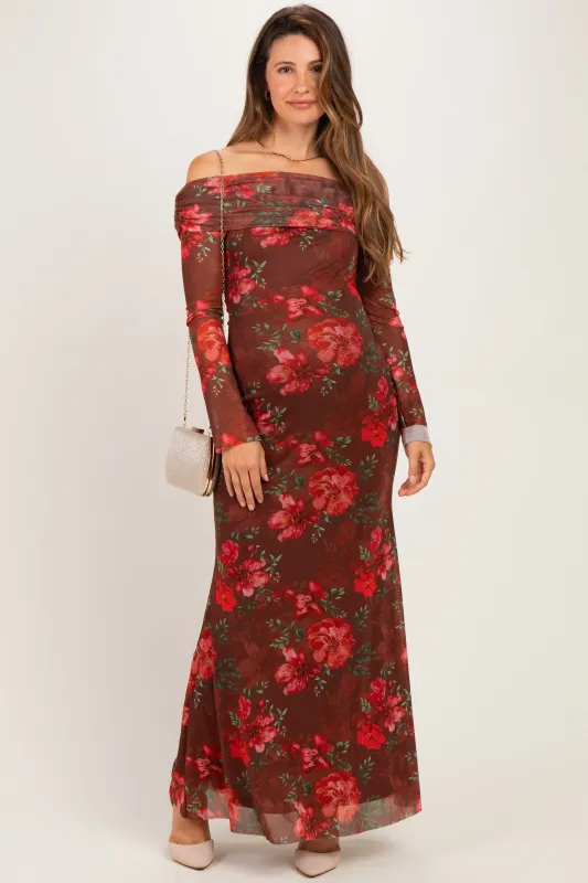 Brown Off Shoulder Floral Mesh Maternity Maxi Dress made by HYFVE