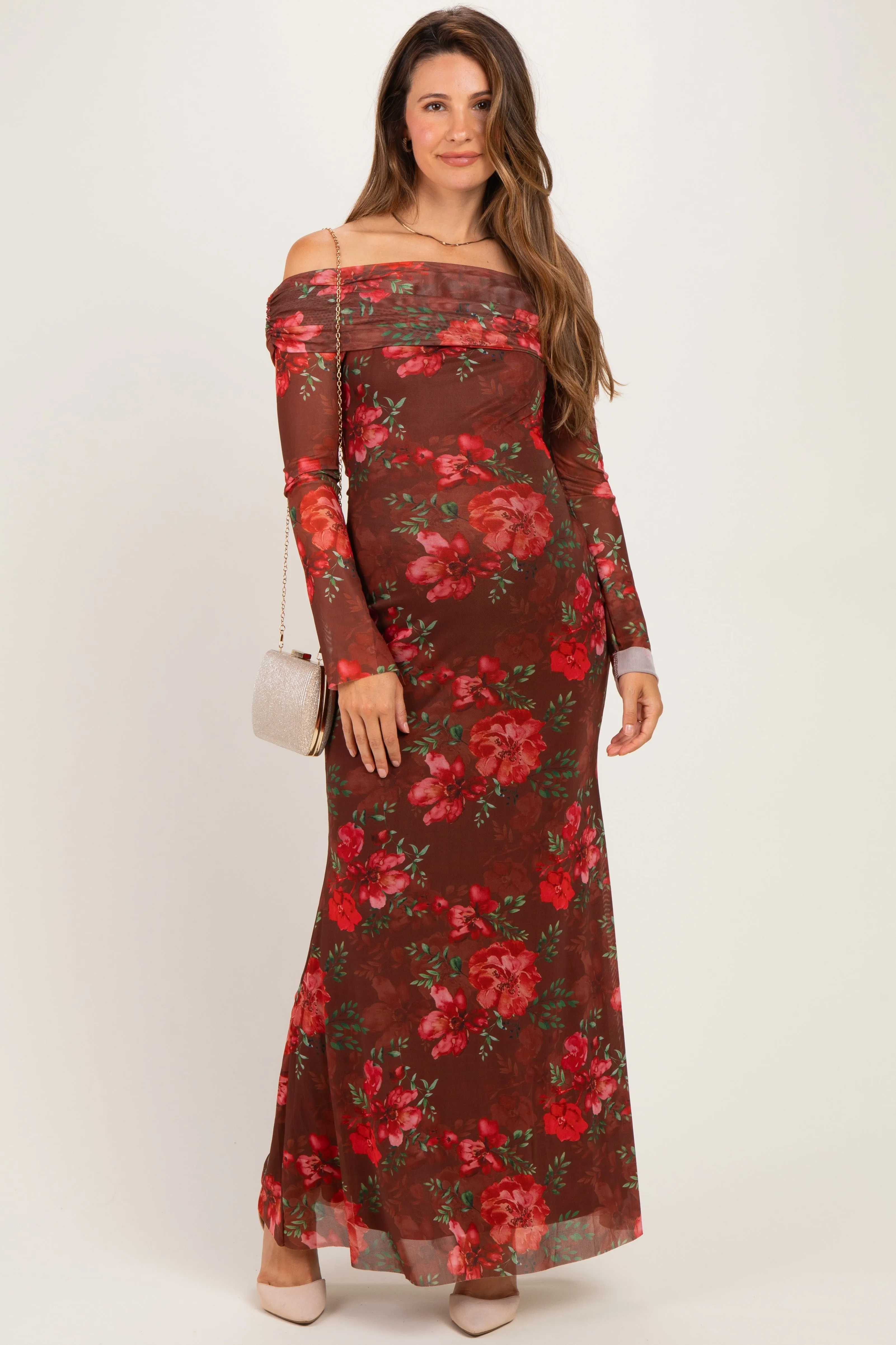 Brown Off Shoulder Floral Mesh Maternity Maxi Dress sold by Pinkblush