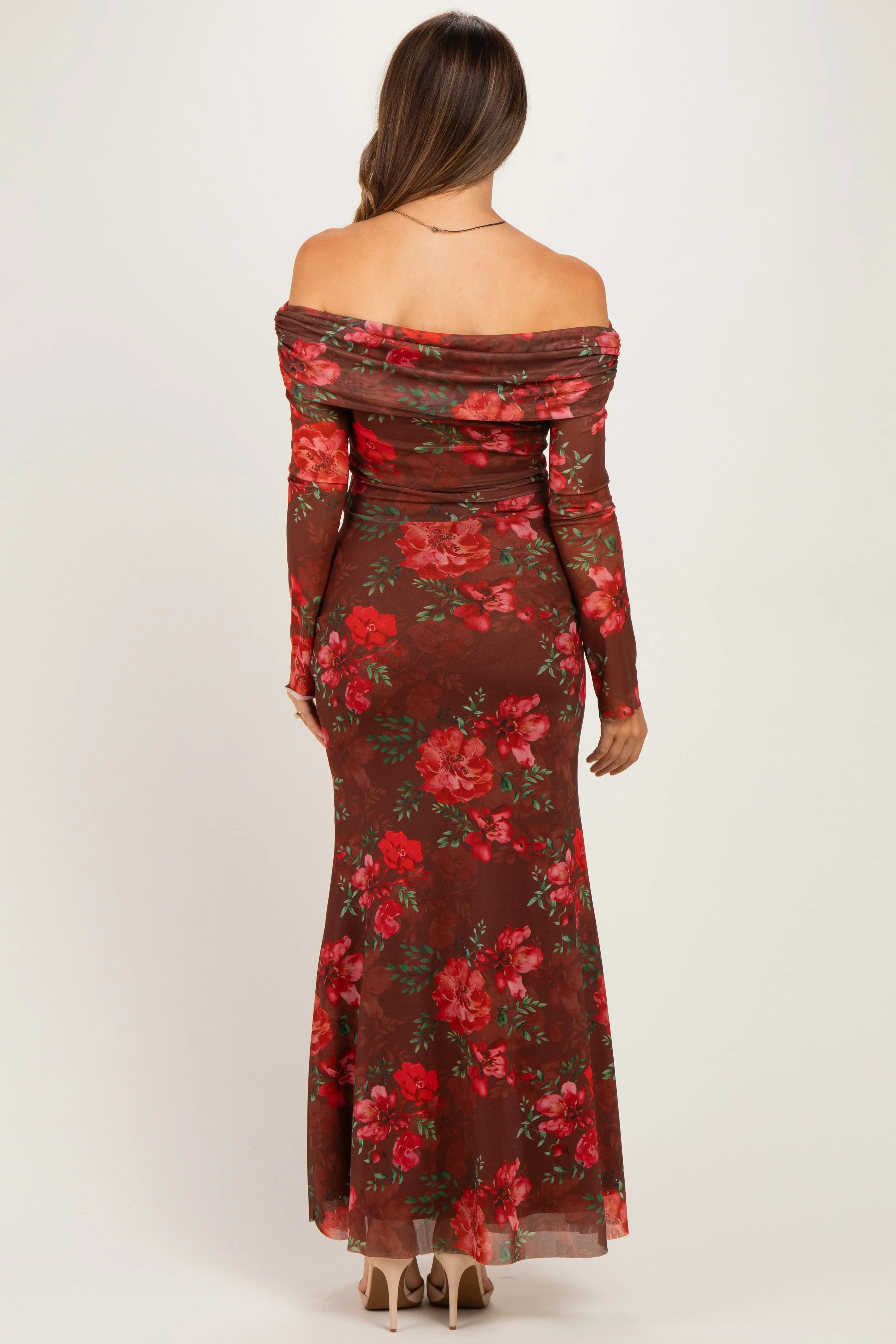 Brown Off Shoulder Floral Mesh Maternity Maxi Dress sold by Pinkblush product image thumbnail 5