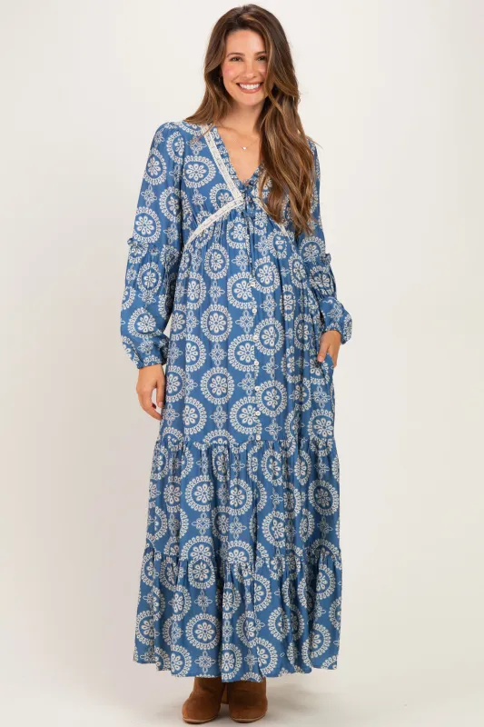 Dusty Blue Floral Lace Trim Maternity Maxi Dress made by Jnna