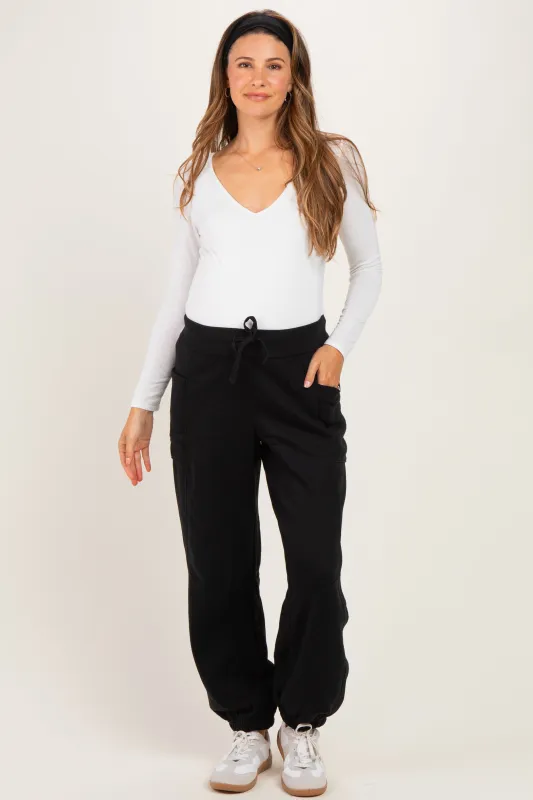 Black Terry Drawstring Maternity Joggers made by Rae Mode