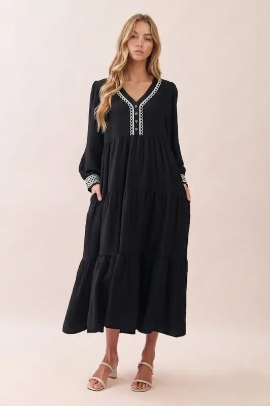 Black V-Neck Contrast Trim Tiered Midi Dress made by Pinkblush