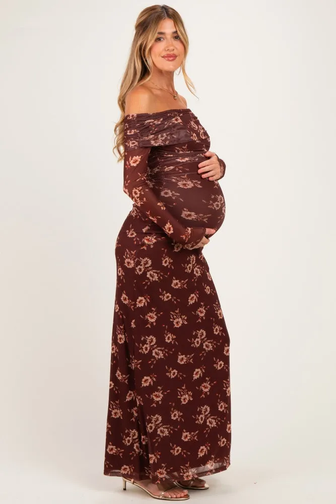 Burgundy Floral Mesh Off Shoulder Long Sleeve Maternity Maxi Dress sold by Pinkblush product image thumbnail 3