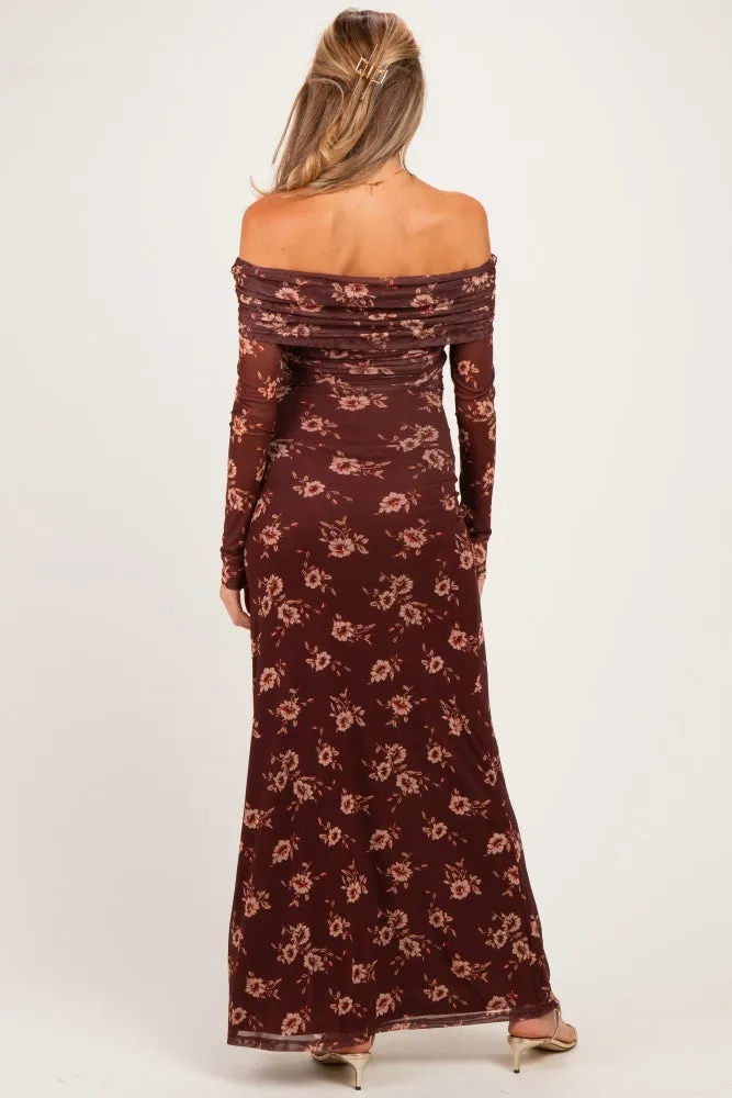 Burgundy Floral Mesh Off Shoulder Long Sleeve Maternity Maxi Dress sold by Pinkblush product image thumbnail 4