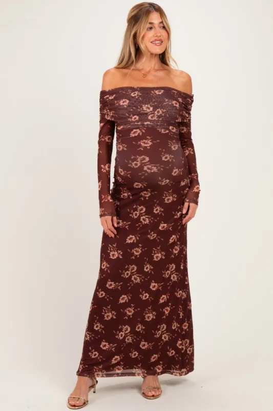 Burgundy Floral Mesh Off Shoulder Long Sleeve Maternity Maxi Dress made by Flying Tomato