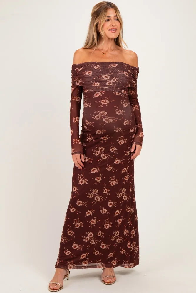 Burgundy Floral Mesh Off Shoulder Long Sleeve Maternity Maxi Dress sold by Pinkblush