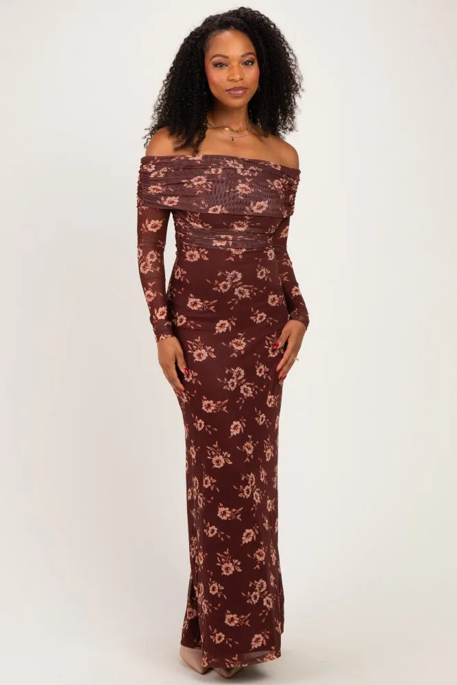 Burgundy Floral Mesh Off Shoulder Long Sleeve Maternity Maxi Dress sold by Pinkblush product image thumbnail 5
