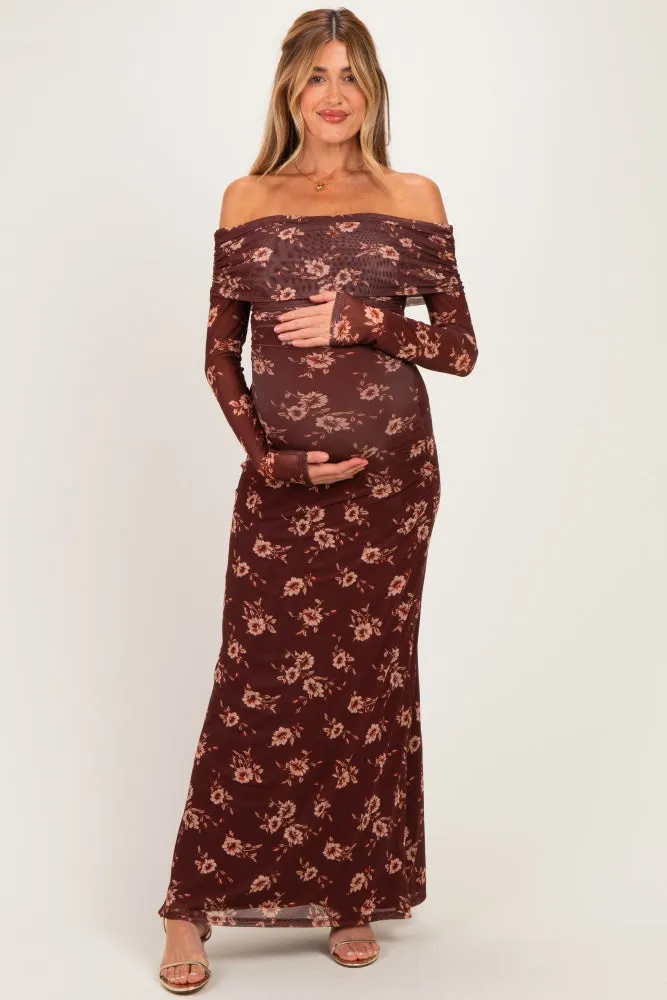 Burgundy Floral Mesh Off Shoulder Long Sleeve Maternity Maxi Dress sold by Pinkblush product image thumbnail 2