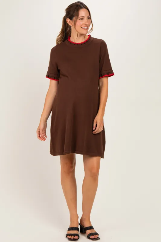 Brown Contrast Ruffle Maternity T-Shirt Dress made by JODIFL