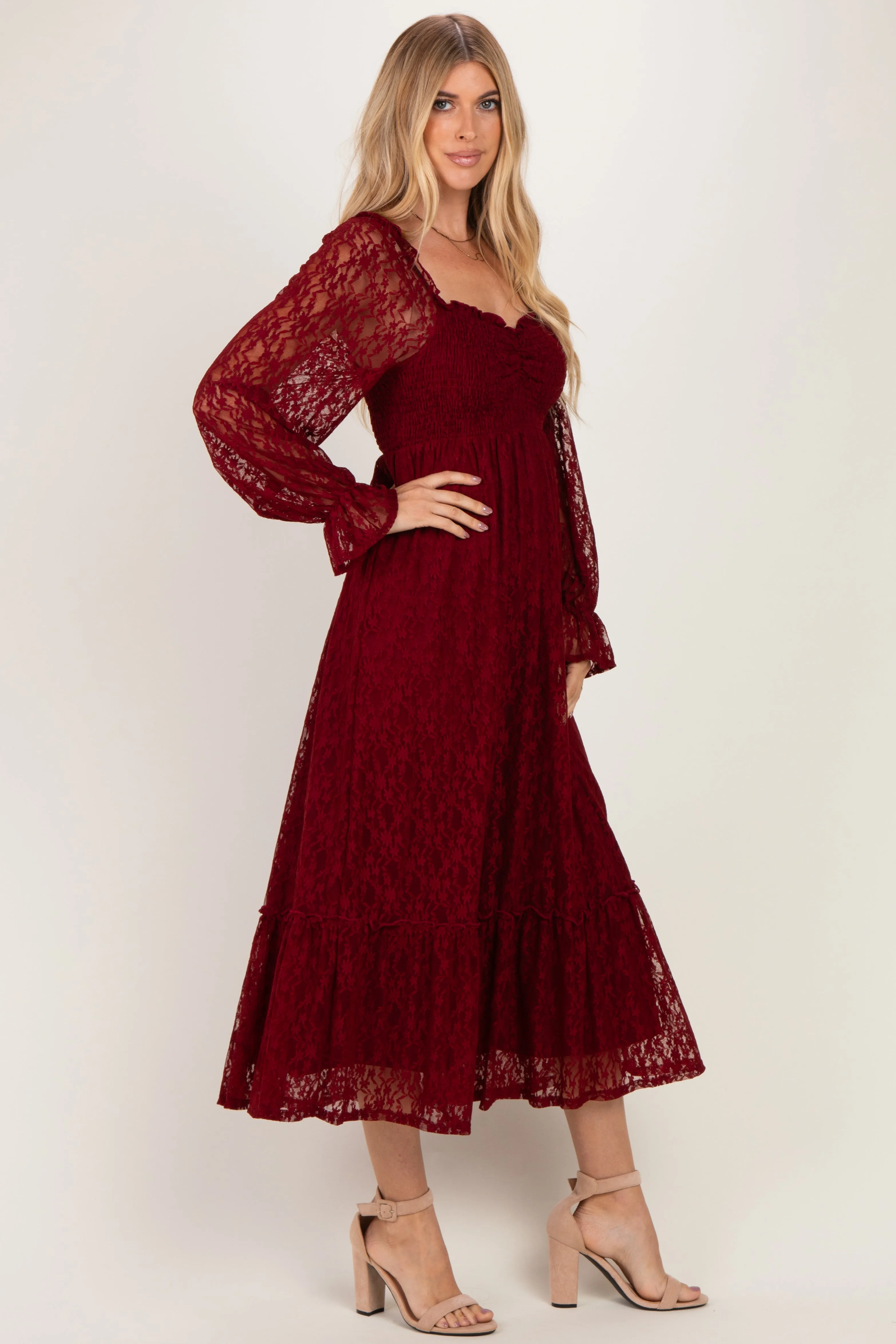 Burgundy Sweetheart Lace Long Sleeve Maxi Dress sold by Pinkblush product image thumbnail 2